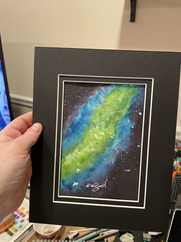 Space Themed Watercolor Painting in Blue & Green - Image 3